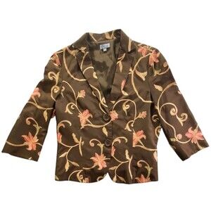 Principe Silk Blazer Womens 12 Brown Floral Embroidered Short Jacket